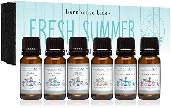 Fresh Summer - Premium Grade Fragrance Oil - Gift Set 6/10ml Bottles - Baby Powder, Fresh Cotton, Ocean Breeze, Sweet Pea, Mountain Rain, Vanilla