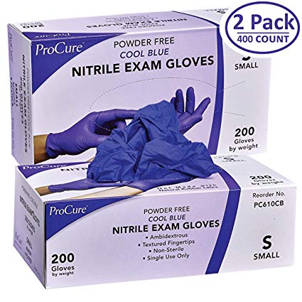 ProCure Disposable Nitrile Gloves – 2 Pack, Powder Free, Rubber Latex Free, Medical Exam Grade, Non Sterile, Ambidextrous - Soft with Textured Tips – Cool Blue (Small, 2 Pack, 400 Count)