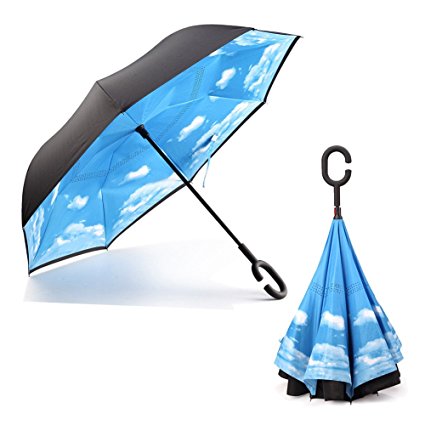Habiter Inverted Umbrella Double Layer Windproof UV protection Cars Reverse Umbrella for Car Rain Outdoor with C-shaped Hands Free Handle