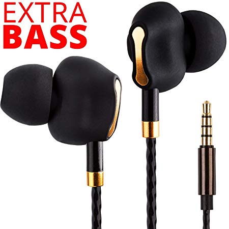 Premium Dual Driver Earbuds - Heavy Extra Bass Earbuds with Microphone - Best Womens Wired Earbuds with Bluetooth Receiver - Corded Earbuds w/Extension Cord - Wired Earbuds for Men Women Teens Black