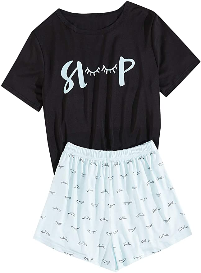 DIDK Women's Cute Cartoon Print Tee and Shorts Pajama Set