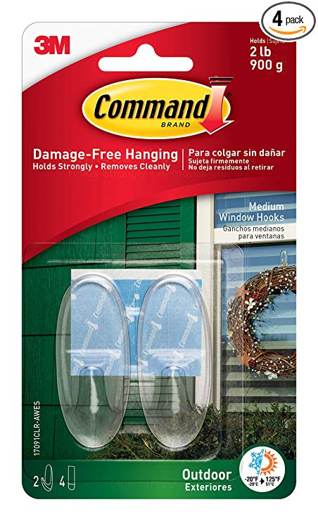 Command Outdoor Window Hooks, Medium, Clear, 2-Hooks, 4-Pack