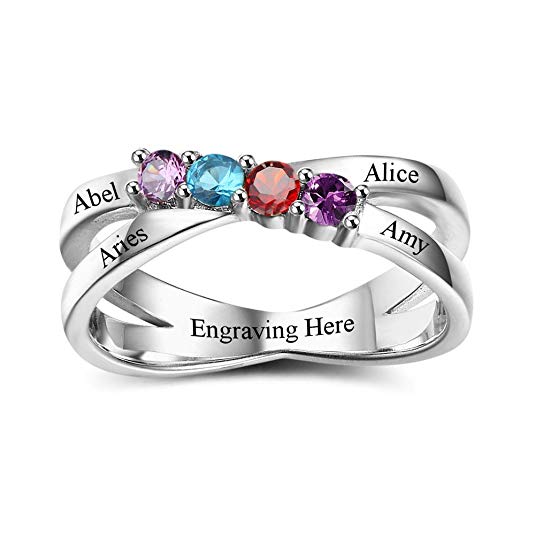 Lam Hub Fong Personalized Rings for Mother's 4 Simulated Birthstones Rings Mother's Day Rings Engraving Name Rings for Mom