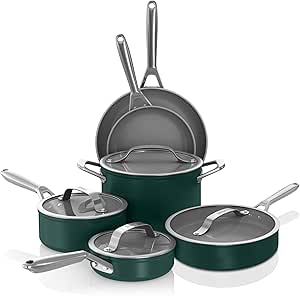 Ninja NeverStick Ceramic Pro,Non-Stick Pots & Pans Set with Glass Lids, PTFE Free, Ceramic Coated, Stainless Steel, Stove to Oven Safe to 660°F, All Stovetops & Induction Compatible,Green, CW39010GN