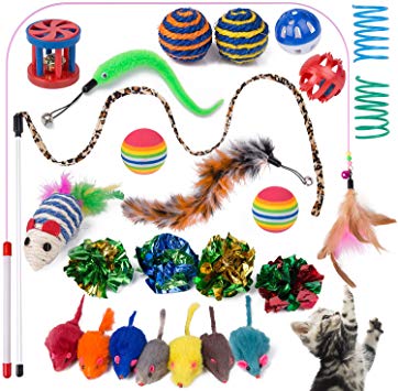 Yangbaga 25 Cat Toys Assortments, 7 Real Fur Rattle Mice, Interactive Wand, Crinkle Balls and Springs for Cats, Puppy, Kitty, Kitten