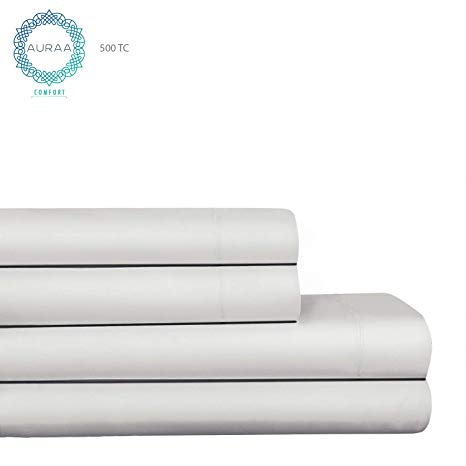 AURAA Comfort 500 Thread Count 100% American Supima Long Staple Cotton Sheet Set,4 Pc Set, King Sheets Sateen Weave,Hotel Collection Soft Luxury Bedding,Fits Upto 16" Deep Pocket,Moonstone