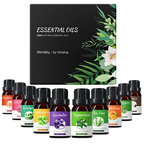 Homasy Essential Oils Set, 100% Pure Essential Oils Gift Set, Top 10 Natural Essential Oils Set for Diffuser, Humidifier, Aromatherapy, Include Lavender, Tea Tree, Eucalyptus Oils, 10 Pack, 10ml
