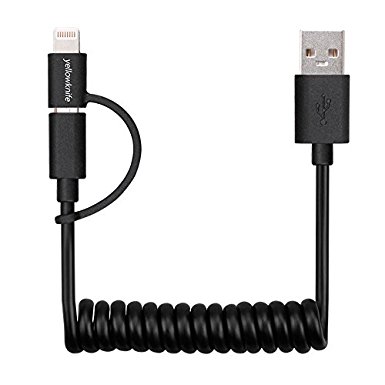 [Apple Certified] 3 Feet Coiled Charging Cable for iPhone and Android, YellowKnife 8-Pin Lightning & Micro to USB Date Cord for iPhone 5 6 7 Plus SE, iPad Mini Air iPod, Samsung Sony LG Phones, Black