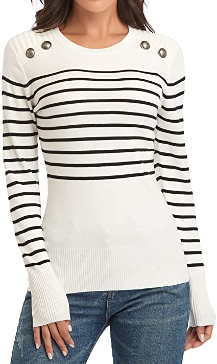 Dilgul Women Classic Fit Lightweight Long Sleeve Button Crewneck Striped Sweater