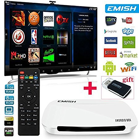 Emish TV Box, Android Smart TV Box, Game Player with Kodi, Xbmc, Wifi Functions, Internet Streaming Media Player with Android 4.4 Rockchip 3128 32 Bits, White X700