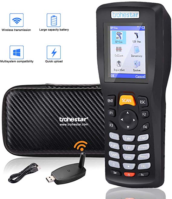 Trohestar Wireless Barcode Scanner 1D Cordless Data Collector Handheld Portable Data Terminal Inventory Device Wired & Wireless Bar Code Reader with LCD Screen Include Tool Case (Chargable Model)