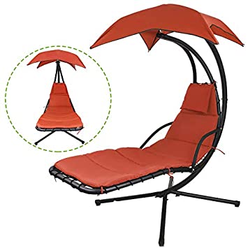 Flex HQ Outdoor Hanging Chaise Lounger Chair Arc Stand Porch Swing Hammock Chair W/Canopy Orange