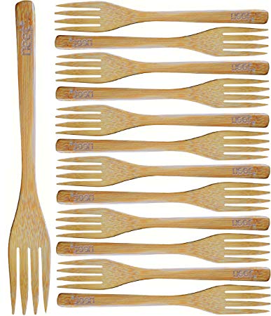 Reusable Wooden Forks 12 Piece Set For Eating - Bamboo Fork Dinning Flatware Bulk Eco Friendly Tableware - Kitchen Utensils - Small Wood Utensil For Salads Appetizers Desserts Asian Cooking & Serving