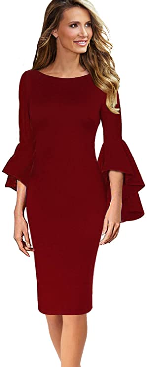 VFSHOW Womens Ruffle Bell Sleeves Business Cocktail Party Bodycon Sheath Dress