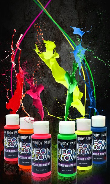 Neon Glow in the Dark Body Paint #1 Premium Set (6 pack of 2 oz. bottles) Glows Brighter, UV Blacklight Reactive- Safe and Non-Toxic! Fluorescent Makeup Set Dries Quickly, Goes on Smooth, Not Clumpy