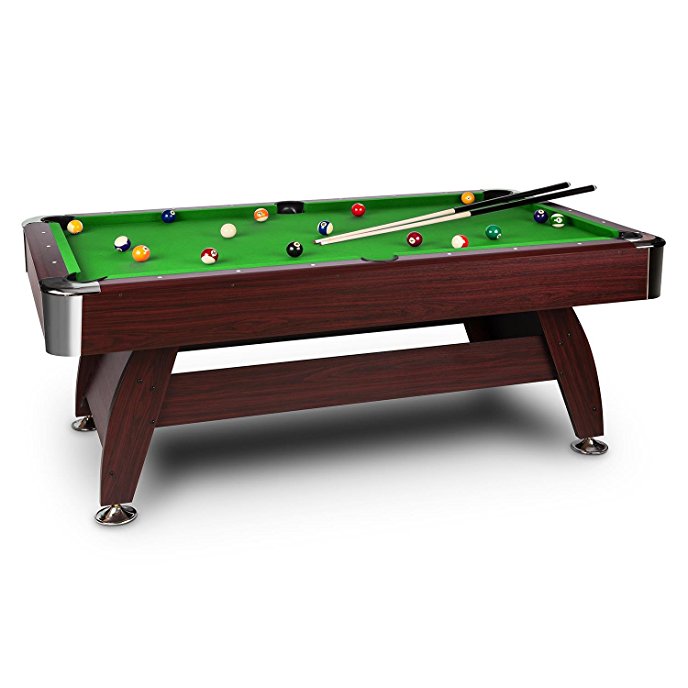 oneConcept Brighton • billiard table • pool table • MDF wood • cherry wood veneer • green cover • internal ball coil • 16 plastic balls • 2 cues • 2 x chalk block • corner protector • brown