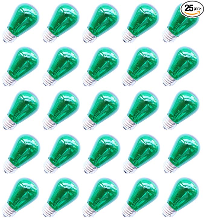 Rolay 11 Watt Green S14 Incandescent Light Bulbs with E26 Base, Pack of 25