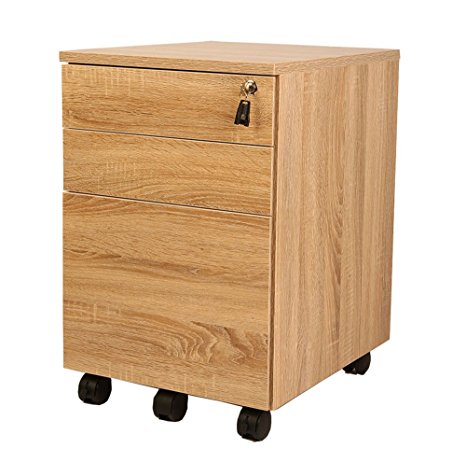 TOPSKY 3 Drawer Wood Mobile File Cabinet Fully Assembled Except Casters (OAK)