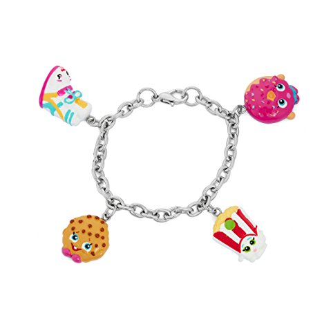 Shopkins Painted Character Charm Bracelet Sneaky Wedge, Kooky Cookie, Poppy Corn, D'Lish Donut