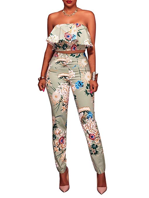 Women's Floral Print Sleeveless Strap Top Casual Bodycon Stretch High Waist Long Pants 2 Pieces Jumpsuit
