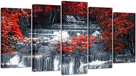 Visual Art Decor 5 Pieces Canvas Wall Art Red Trees Forest Black and White Waterfall Landscape Picture Prints Modern Home Office Wall Decoration Ready to Hang (01 5 Pieces)