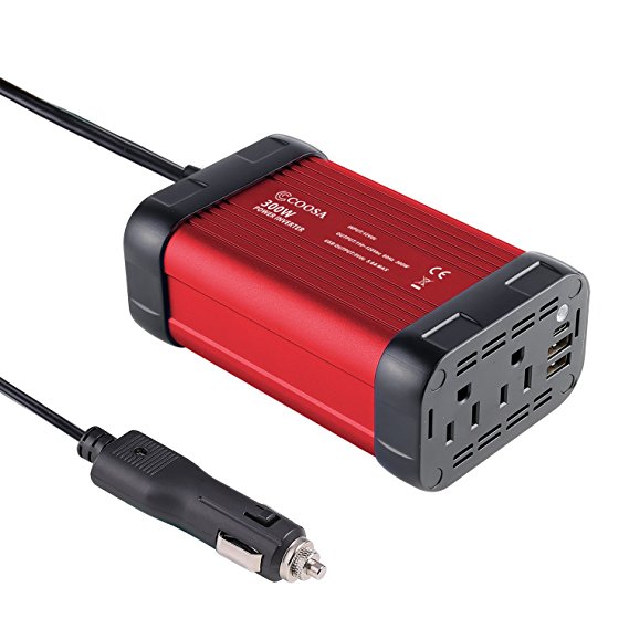 COOSA 300W USB C Car Power Inverter DC 12V to 110V AC Vehicle Power Converter with 4.8A Dual USB A Charging Ports Car Adapter (Black red)