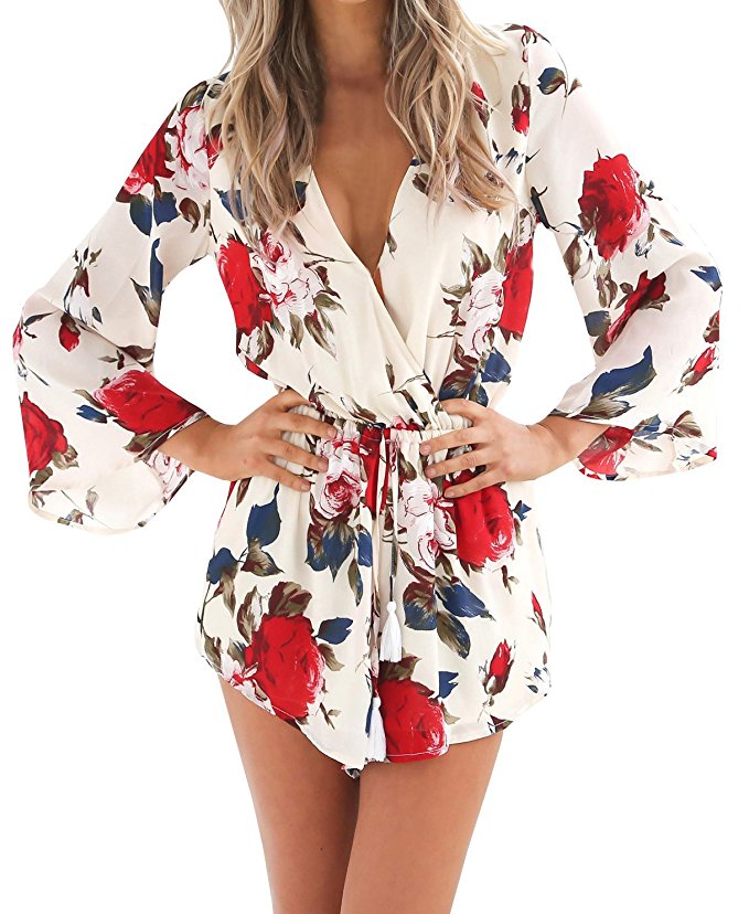 Uncinba Women's Flare Sleeve Floral Faux Wrap Loose Rompers