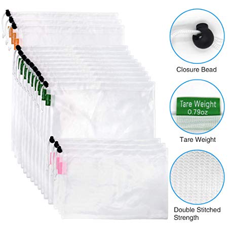 15 Pcs Reusable Mesh Produce Bags, Gogooda 3 Size Lightweight Washable and See Through Produce Mesh Bags with Drawstring, Toggle Tare Weight Color Tag (3 Large 9 Medium &3 Small)