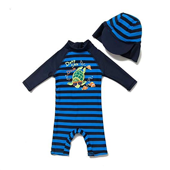 Bonverano(TM) Kids UPF 50  Sun Protection S/S One Piece Zip Sun Suit With Sun Hat (3-6 months, Colorful fish)