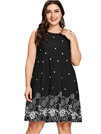 Romwe Women's Plus Size Summer Sundress Floral Printed Sleeveless Casual A Line Dress