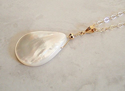Ivory Mother Of Pearl Shell Teardrop Jewelry Pendant 18" 14K Gold Filled Chain Necklace