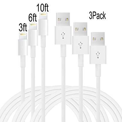 Suplink 3pcs 3ft 6ft 10ft 8Pin Lightning Cable Extra Long USB Cord Charging Cable for iphone 7/7plus/SE,6,6s, 6s plus, 6plus, ,5s 5c 5,iPad Mini, Air,iPad5,iPod(white)