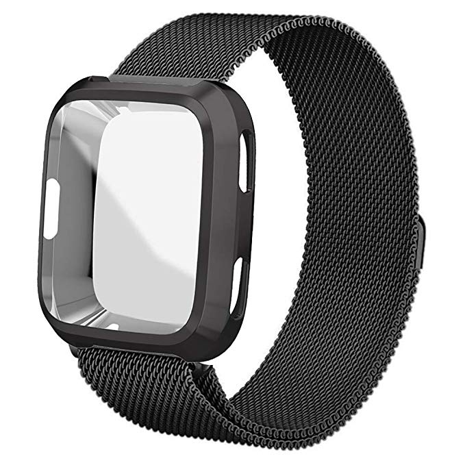 UHKZ Compatible Fitbit Versa Bands, Stainless Steel Mesh Milanese Sport Metal Wristband Loop Accessories for Women Men with Fitbit Versa Screen Protector Case Compatible Fitbit Versa Smartwatch