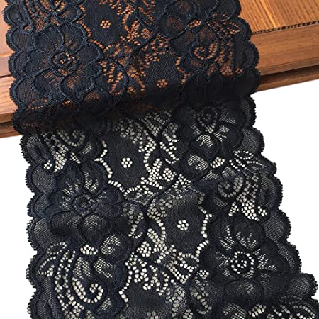 LaceRealm 7 Inch Wide Floral Stretchy Lace Elastic Trim Fabric for Garment & DIY Craft Supply- 5 Yard (7020 Black)