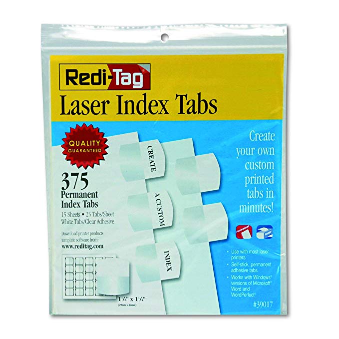Redi-Tag Customizable Laser Printable Index Tabs, Permanent Adhesive, 1-1/8 x 1-1/4 Inches, Bulk Packed, 375 Tabs per Pack, White (39017)