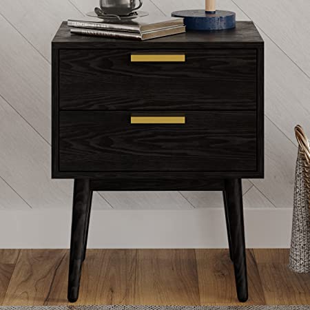 DG Casa Ives Easy Assembly Mid Century Modern Bedroom Nightstand Accent Bedside Table with Two Drawers on Ball Bearing Drawer Slides - Night Stand in Charcoal & Gold Drawer Pulls