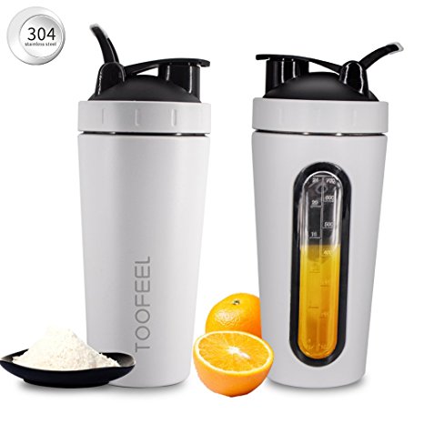 TOOFEEL Protein Shaker Bottle Sports Water Bottle Mixing Blender Protein Powders Stainless Steel Shaker Cup with Whisk Mixer Ball Large 28oz Smoothie Juice Mug/White