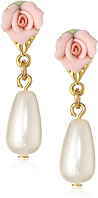 1928 Jewelry Porcelain Rose Pearl Drop Earrings