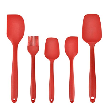 5 Kitchen Utensils Cooking Tools Eco Tableware Silicone Spoon Spatulas Scraper Oil Brush Home Gadgets Heat Resistant Cookware Non Stick Flexible for Cooking BBQ Baking(Red) Icefire