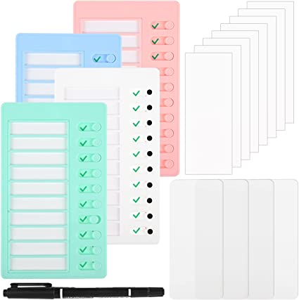 4 Pack Kids Chore Chart Blank RV Checklist Board Plastic Checklist Board Daily Schedule Memo Boards with 8 Detachable Cardstocks & 4 Double-Sided Adhesive & 1 Ink Pen Routine Chart for Kids Planning