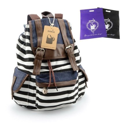 DAKIA Cute & Pretty Girls Canvas and PU leather Stripe Backpack for School/ Travel/Daily use