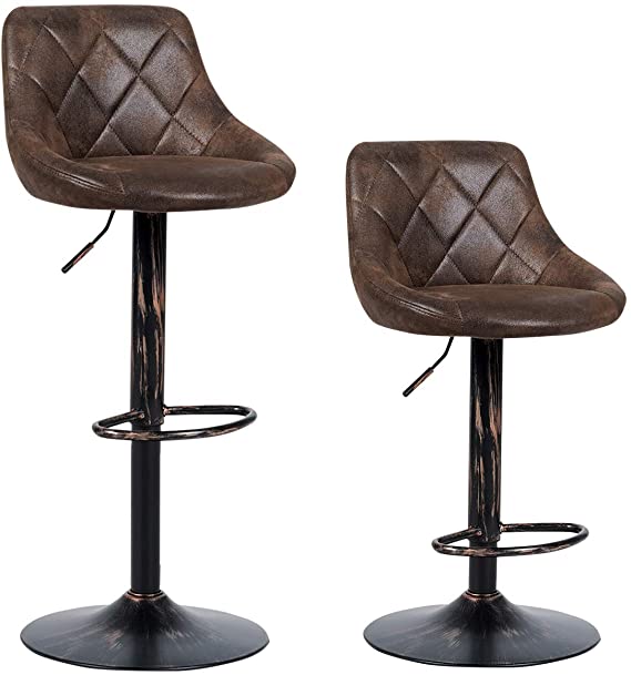 COSTWAY Set of 2 Adjustable Bar Stools, Swivel Bar Chairs with Backrest and Footrest, Counter Height Chairs for Bar, Kitchen, Dining Room, Living Room and Bistro Pub, Retro Brown