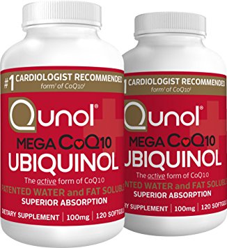 Qunol Mega 100 mg Coq10 Ubiquinol Superior Absorption Coenzyme Q10 Antioxidant Softgels, 2  Pack (120 Count)