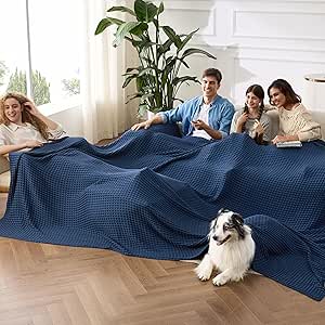 Bedsure Cooling Cotton Waffle Oversized King Blanket - Lightweight Breathable Rayon Derived from Bamboo for Hot Sleepers, Luxury Throws for Bed and Sofa, Navy, 120x96 Inches