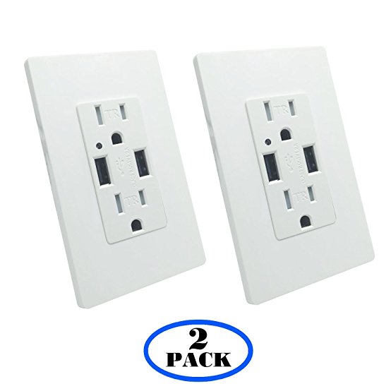 Wall Outlet with USB - LASOCKETS Dual USB Ports 4.2A DC White Charger Socket,2-Outlet 20A TR Duplex Receptacle, for iphoneX,iphone 8/8 plus,Samsung Galaxy and more, with 4 Free Wall Plates, UL Listed