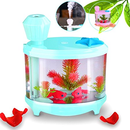 YJY 460mL Aquarium Air Purifier Humidifier, Fake Fish Bowls Aquatic Pets Home Decor, Colorful LED Night Light USB 6-12 Hours Timmer, Ultrasonic Oxygen Anion Ionizers Therapy - Sky Blue