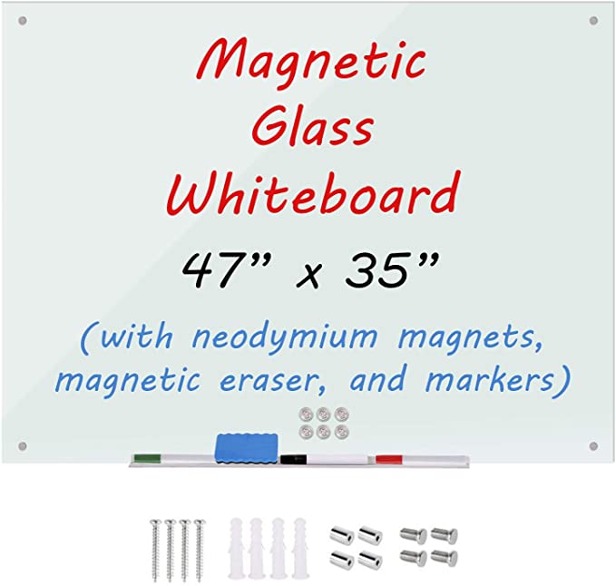 Magnetic Dry Erase Board, Glass Whiteboard, 4 x 3 Feet (47" x 35"), Glassboard, White, Clear Surface, Frameless Display, Modern, Wall Mount, 4 Markers, Marker Tray, 1 Eraser, 6 Magnets, for Office
