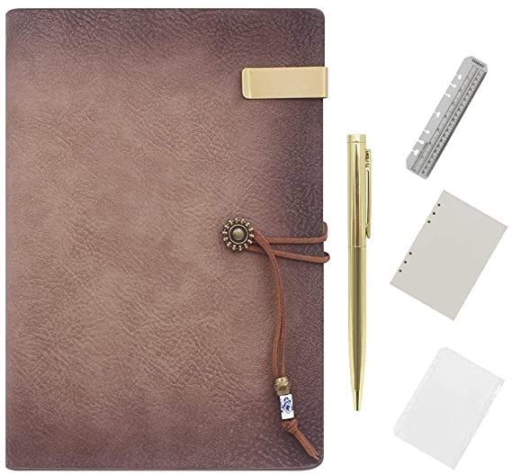 Wonderpool Refillable Leather Journal Lined Paper Notebook with Pen - 6 Ring Binder Writing Diary Vintage Cover Ruled Notepads for Office Travel Work and Plan Agenda (A5, Sorrel marron)