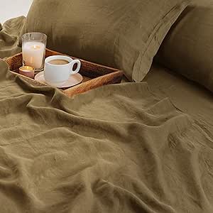 Tribeca Living 100% French Linen 4-Piece Bed Sheet Set, Earth Oak, Queen Sheets - Extra Deep Pocket Bed Sheet Set, European Flax Certified, Garment Washed, Solid