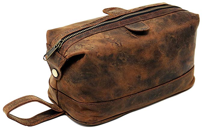Men's Buffalo Genuine Leather Toiletry Bag waterproof Dopp Kit Shaving bags and Grooming Kit for Travel ~ groomsmen Gift for Men Women ~ Hanging Zippered Makeup Bathroom Cosmetic Pouch Case